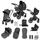 Ickle Bubba Stomp Luxe 12 Piece Travel System with i-Size Cirrus Car Seat & ISOFIX Base - Black/Charcoal Grey/Black