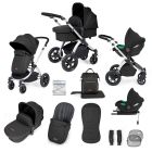 Ickle Bubba Stomp Luxe 12 Piece Travel System with i-Size Cirrus Car Seat & ISOFIX Base - Silver/Midnight/Black