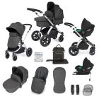 Ickle Bubba Stomp Luxe 12 Piece Travel System with i-Size Cirrus Car Seat & ISOFIX Base - Silver/Charcoal Grey/Black