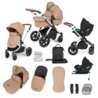 Ickle Bubba Stomp Luxe 12 Piece Travel System with i-Size Cirrus Car Seat & ISOFIX Base - Silver/Desert/Tan