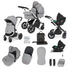 Ickle Bubba Stomp Luxe 12 Piece Travel System with i-Size Cirrus Car Seat & ISOFIX Base - Silver/Pearl Grey/Black