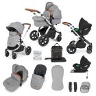 Ickle Bubba Stomp Luxe 12 Piece Travel System with i-Size Cirrus Car Seat & ISOFIX Base - Silver/Pearl Grey/Tan