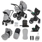 Ickle Bubba Stomp Luxe 12 Piece Travel System with i-Size Cirrus Car Seat & ISOFIX Base - Black/Pearl Grey/Black