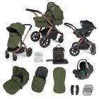 Ickle Bubba Stomp Luxe 12 Piece Travel System with i-Size Stratus Car Seat & ISOFIX Base - Bronze/Woodland/Black