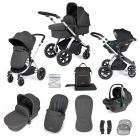 Ickle Bubba Stomp Luxe 12 Piece Travel System with i-Size Stratus Car Seat & ISOFIX Base - Silver/Charcoal Grey/Black