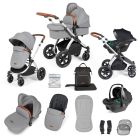 Ickle Bubba Stomp Luxe 12 Piece Travel System with i-Size Stratus Car Seat & ISOFIX Base - Silver/Pearl Grey/Tan