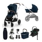 Cybex Gazelle S Lux Pushchair with Aton B2 Car Seat and Base 11 Piece Bundle - Ocean Blue (Silver Frame)