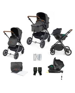 Ickle Bubba Cosmo 9 Piece Travel System with i-Size Stratus Car Seat & ISOFIX Base - Black/Graphite Grey/Tan