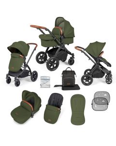 Ickle Bubba Stomp Luxe 9 Piece Pram Pushchair - Black/Woodland/Tan