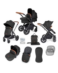 Ickle Bubba Stomp Luxe 9 Piece Pram Pushchair - Black/Midnight/Tan