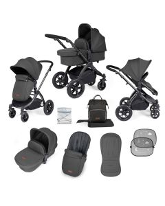 Ickle Bubba Stomp Luxe 9 Piece Pram Pushchair - Black/Charcoal Grey/Black