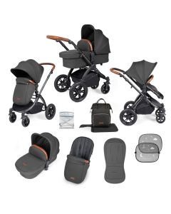 Ickle Bubba Stomp Luxe 9 Piece Pram Pushchair - Black/Charcoal Grey/Tan