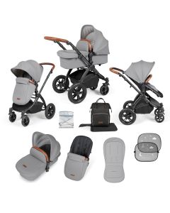 Ickle Bubba Stomp Luxe 9 Piece Pram Pushchair - Black/Pearl Grey/Tan