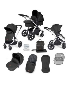 Ickle Bubba Stomp Luxe 9 Piece Pram Pushchair - Silver/Midnight/Black