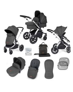 Ickle Bubba Stomp Luxe 9 Piece Pram Pushchair - Silver/Charcoal Grey/Black