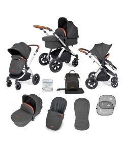 Ickle Bubba Stomp Luxe 9 Piece Pram Pushchair - Silver/Charcoal Grey/Tan