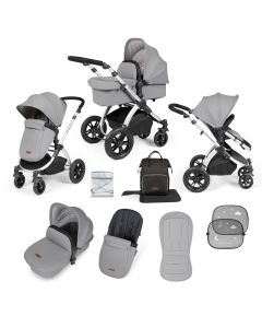 Ickle Bubba Stomp Luxe 9 Piece Pram Pushchair - Silver/Pearl Grey/Black