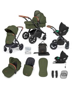 Ickle Bubba Stomp Luxe 12 Piece Travel System with i-Size Cirrus Car Seat & ISOFIX Base - Black/Woodland/Tan