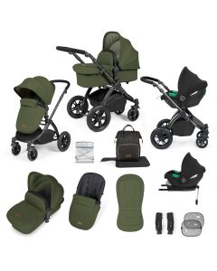 Ickle Bubba Stomp Luxe 12 Piece Travel System with i-Size Cirrus Car Seat & ISOFIX Base - Black/Woodland/Black