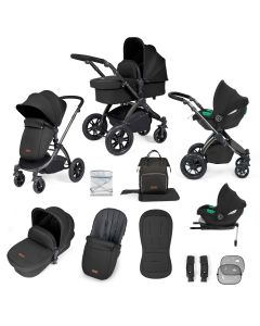 Ickle Bubba Stomp Luxe 12 Piece Travel System with i-Size Cirrus Car Seat & ISOFIX Base - Black/Midnight/Black