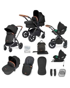 Ickle Bubba Stomp Luxe 12 Piece Travel System with i-Size Cirrus Car Seat & ISOFIX Base - Black/Midnight/Tan