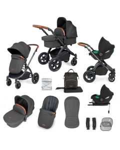 Ickle Bubba Stomp Luxe 12 Piece Travel System with i-Size Cirrus Car Seat & ISOFIX Base - Black/Charcoal Grey/Tan