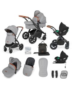 Ickle Bubba Stomp Luxe 12 Piece Travel System with i-Size Cirrus Car Seat & ISOFIX Base - Black/Pearl Grey/Tan