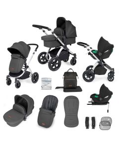 Ickle Bubba Stomp Luxe 12 Piece Travel System with i-Size Cirrus Car Seat & ISOFIX Base - Silver/Charcoal Grey/Black