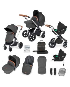 Ickle Bubba Stomp Luxe 12 Piece Travel System with i-Size Cirrus Car Seat & ISOFIX Base - Silver/Charcoal Grey/Tan