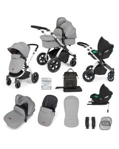 Ickle Bubba Stomp Luxe All-in-one Travel System With Cirrus Car Seat And Isofix Base - Silver/Pearl Grey/Black