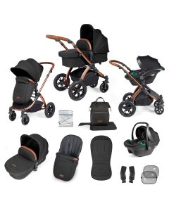 Ickle Bubba Stomp Luxe 12 Piece Travel System with i-Size Stratus Car Seat & ISOFIX Base - Bronze/Midnight/Tan