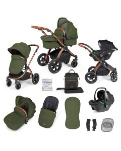 Ickle Bubba Stomp Luxe 12 Piece Travel System with i-Size Stratus Car Seat & ISOFIX Base - Bronze/Woodland/Tan