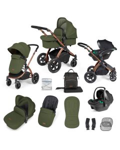 Ickle Bubba Stomp Luxe 12 Piece Travel System with i-Size Stratus Car Seat & ISOFIX Base - Bronze/Woodland/Black