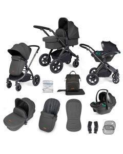 Ickle Bubba Stomp Luxe 12 Piece Travel System with i-Size Stratus Car Seat & ISOFIX Base - Black/Charcoal Grey/Black