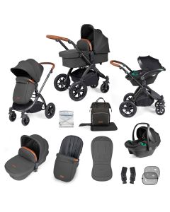 Ickle Bubba Stomp Luxe 12 Piece Travel System with i-Size Stratus Car Seat & ISOFIX Base - Black/Charcoal Grey/Tan