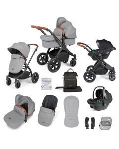 Ickle Bubba Stomp Luxe 12 Piece Travel System with i-Size Stratus Car Seat & ISOFIX Base - Black/Pearl Grey/Tan