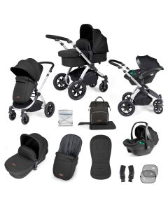 Ickle Bubba Stomp Luxe 12 Piece Travel System with i-Size Stratus Car Seat & ISOFIX Base - Silver/Midnight/Black