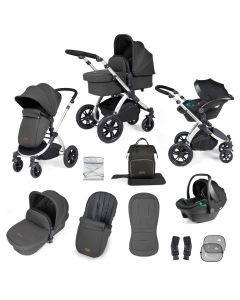 Ickle Bubba Stomp Luxe 12 Piece Travel System with i-Size Stratus Car Seat & ISOFIX Base - Silver/Charcoal Grey/Black