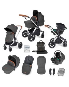 Ickle Bubba Stomp Luxe 12 Piece Travel System with i-Size Stratus Car Seat & ISOFIX Base - Silver/Charcoal Grey/Tan