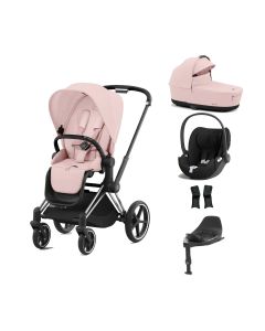 Cybex Priam Stroller with Cloud T i-Size Car Seat and Base Bundles - Chrome Black/Peach Pink