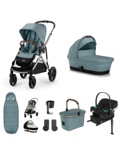 Cybex Gazelle S Lux Pushchair with Aton B2 Car Seat and Base 11 Piece Bundle - Stormy Blue (Taupe Frame)