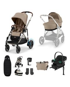 Cybex e-Gazelle S Pushchair with Aton B2 Car Seat and Base 11 Piece Bundle - Almond Beige (Taupe Frame)