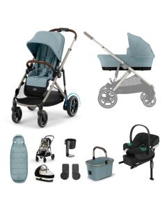 Cybex e-Gazelle S Pushchair with Aton B2 Car Seat and Base 11 Piece Bundle - Stormy Blue (Taupe Frame)