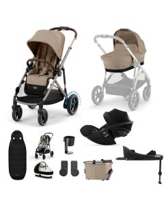 Cybex e-Gazelle S Pushchair with Cloud G i-Size Car Seat and Base 11 Piece Bundle - Almond Beige (Taupe Frame)