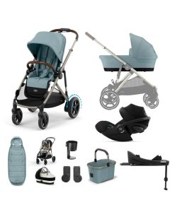 Cybex e-Gazelle S Pushchair with Cloud G i-Size Car Seat and Base 11 Piece Bundle - Stormy Blue (Taupe Frame)